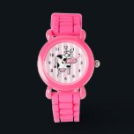 Koe glimlachen — proefdruk horloge<br><div class="desc">Een stijlvol ontwerp voor een girale dierlijke afdruk met een glimlach-koe tegen een brede, gestreepte achtergrond in roze en wit.</div>