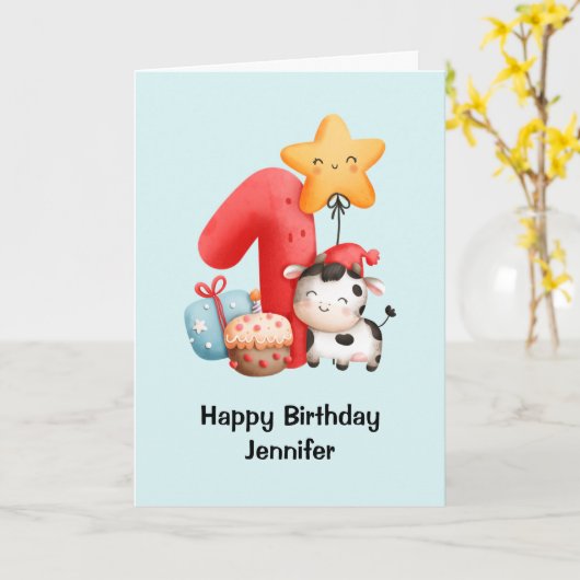 Koe glimlachen Schattige eerste geboortekaart Kaart (Gele Bloem)