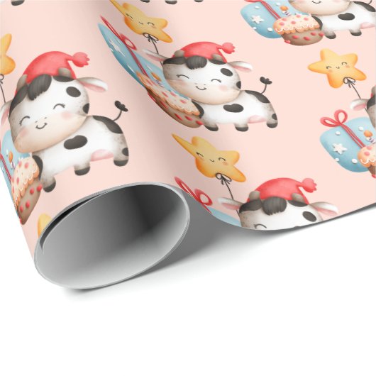 Koe glimlachen Schattige verjaardag Cadeaupapier (Rol Hoek)