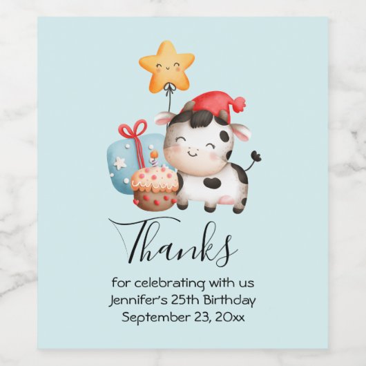 Koe glimlachen Schattige verjaardag Wijn Etiket (Enkel label)