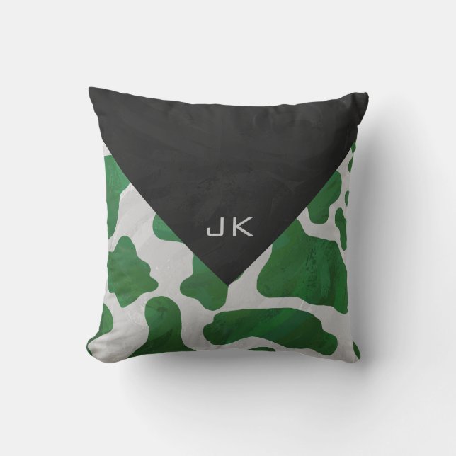 Koe Groen en Wit Monogram Kussen (Voorkant)