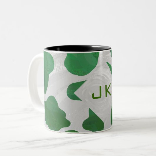 Koe Groen en Wit Monogram Tweekleurige Koffiemok (Voorkant links)
