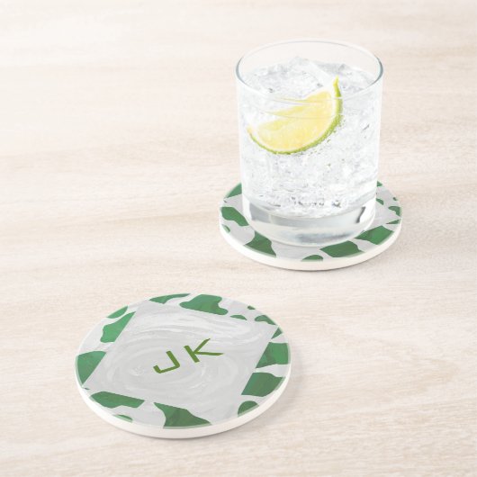 Koe Groen en Wit Monogram Zandsteen Onderzetter (Zijkant)