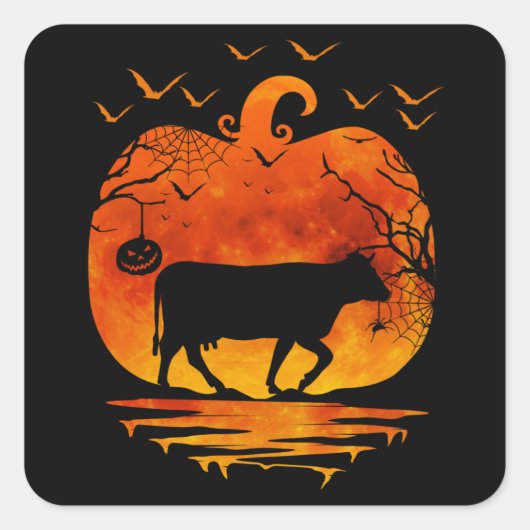 KOE HALLOEEN COSTUME PUMPKIN HERFST SEASON VIERKANTE STICKER (Voorkant)
