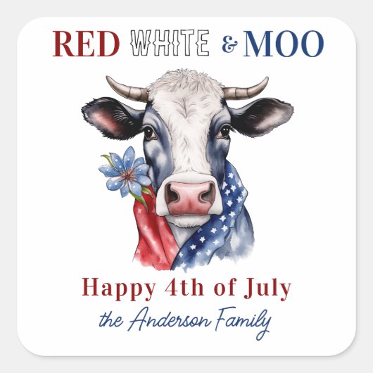 Koe Happy 4th of July Rood Wit Blauw Patriottisch Vierkante Sticker (Voorkant)