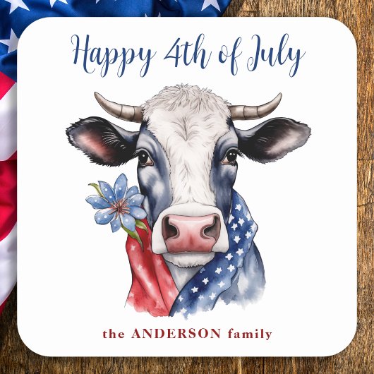 Koe Happy 4th of July Rood Wit Blauw Patriottisch Vierkante Sticker