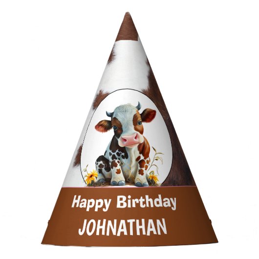 Koe Happy Birthday Bruin en Wit Feesthoedjes (Voorkant)