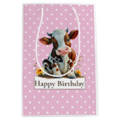 Koe Happy Birthday Cute Pink Medium Cadeauzakje (Voorkant)
