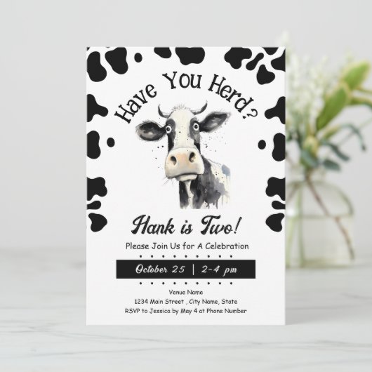 Koe Heb je 2e Verjaardag Waterverf Invitat Kaart (Staand voorkant)