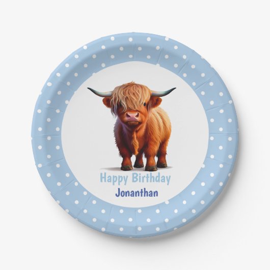 Koe Highland Blue Birthday Papieren Bordje (Voorkant)
