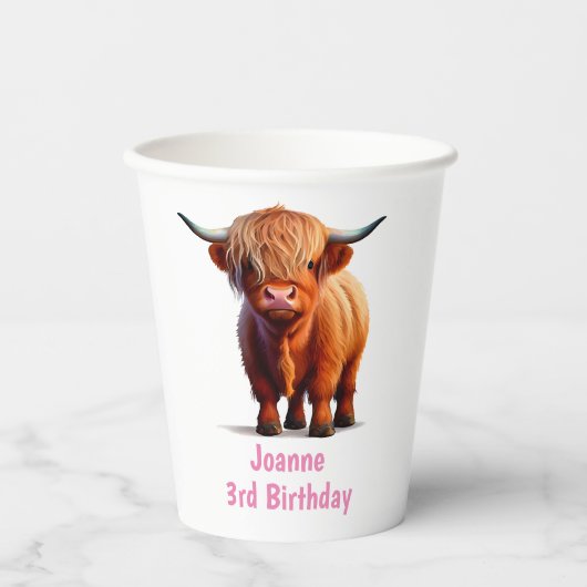 Koe Highland HAPPY BIRTHDAY ROZE Paper Cups Papieren Bekers (Voorkant)