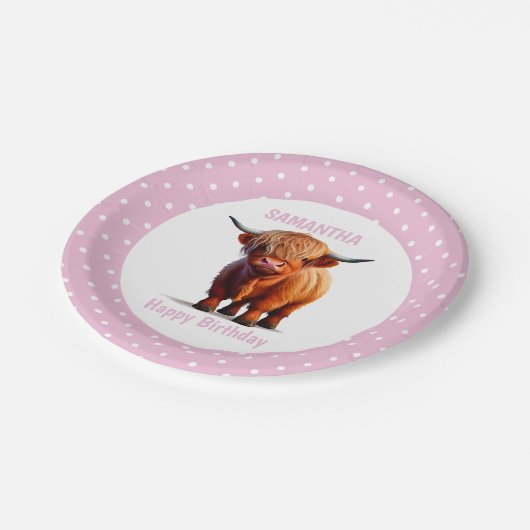 Koe Highland Roze Ballonnen Poke Stippen Papieren Bordje (Gekanteld)