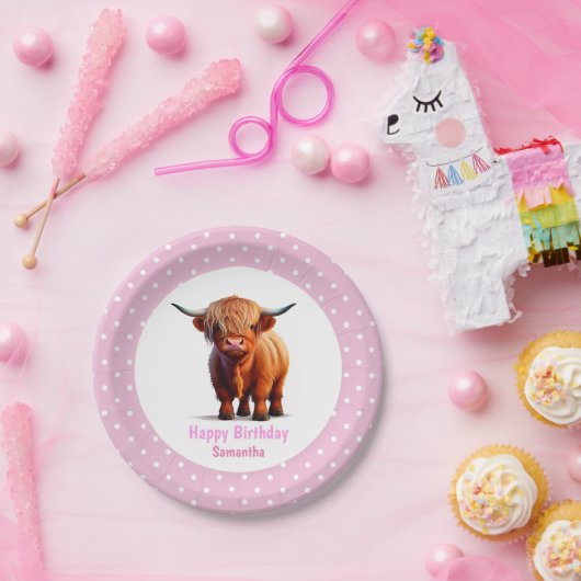Koe Highland Roze Ballonnen Poke Stippen Papieren Bordje (Feest)