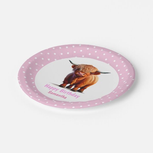 Koe Highland Roze Ballonnen Poke Stippen Papieren Bordje (Gekanteld)
