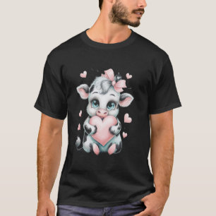 Koe Holding Heart Zwart & Wit Roze Coquette Bow T-shirt