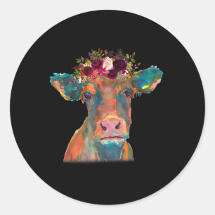 Koe Hoofd gezicht Afdrukken Kleurrijke Waterverf F Ronde Sticker