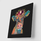 Koe Hoofd Gezichtskleurige Waterverf | Koe Giften Vierkante Klok (Hoek)