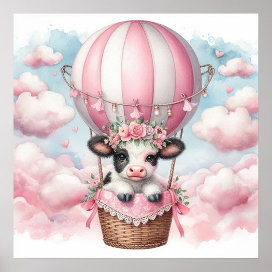 Koe Hot Air Balloon Meisje Poster (Voorkant)