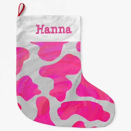 Koe Hot Pink en White Print Grote Kerstsok (Voorkant)