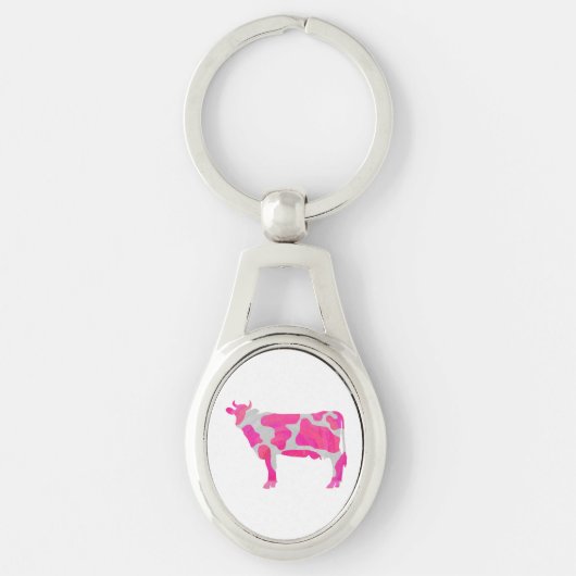 Koe Hot Pink en White Silhouette Sleutelhanger (Voorkant)