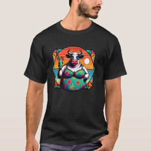 Koe in bloemetjesbadpak met tropische drank en zon t-shirt