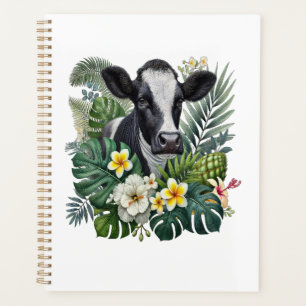 Koe in bloemrijke jungle PNG, tropische koe Planner