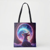 Koe in de ruimte die naar de aarde kijkt, speelse tote bag (Voorkant)