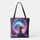 Koe in de ruimte die naar de aarde kijkt, speelse tote bag (Achterkant)