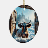 Koe in de sneeuw keramisch ornament (Rechts)