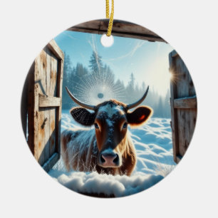 Koe in de sneeuw keramisch ornament