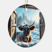 Koe in de sneeuw keramisch ornament (Links)