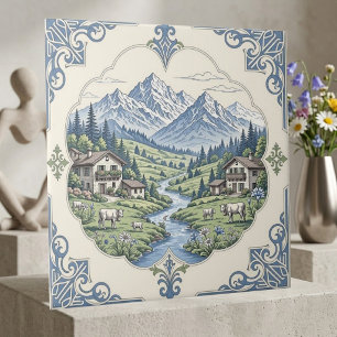Koe in de wei rustieke blauwe berg landschappelijk tegeltje