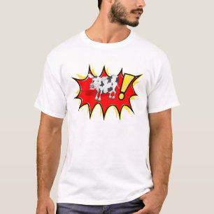 Koe in een KAPOW-starburst T-shirt