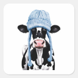 Koe in een pet. vierkante sticker