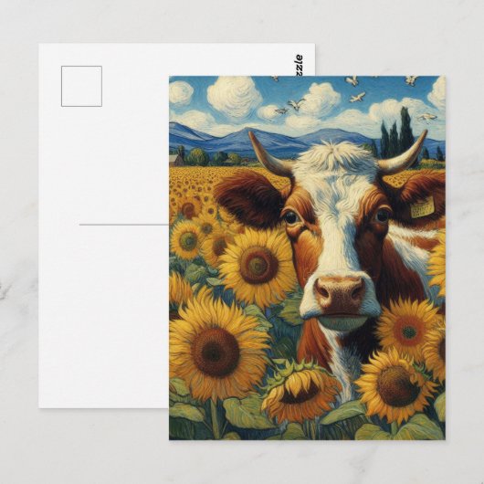 Koe in een zonnebloemveld briefkaart (Voorkant / Achterkant)