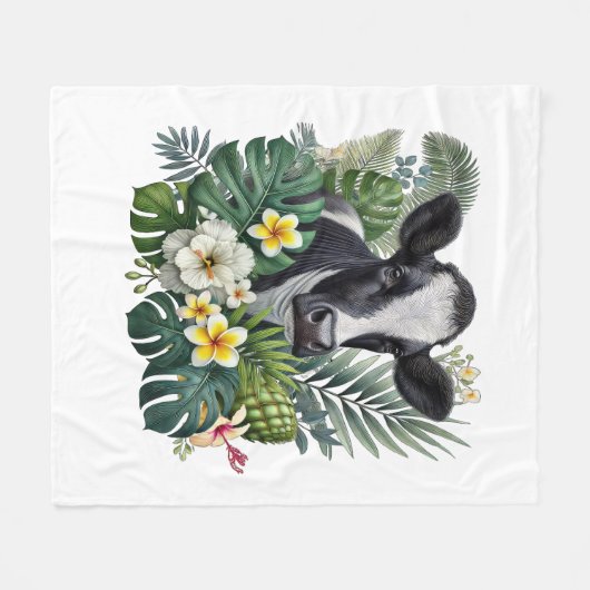 Koe in Floral Oerwoud, Tropische Koe Fleece Deken (Voorkant (Horizontaal))