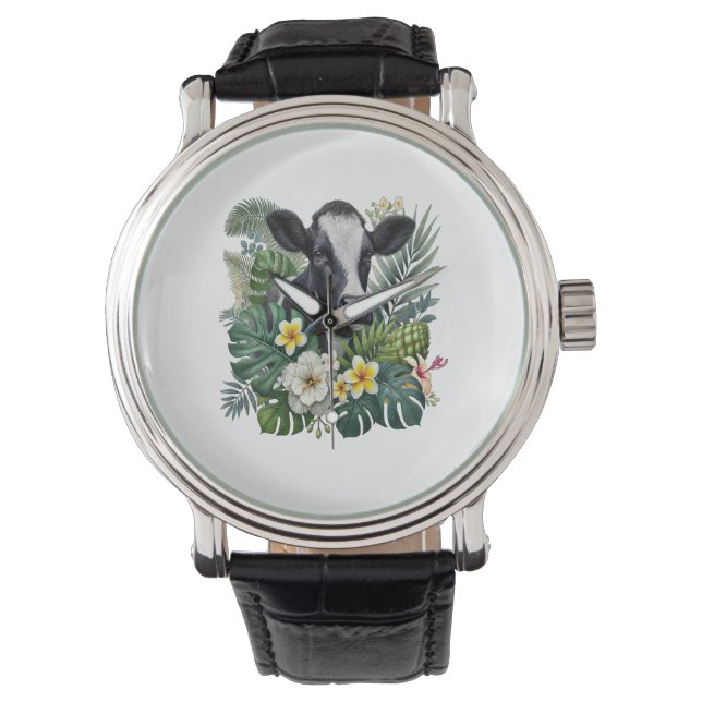 Koe in Floral Oerwoud, Tropische Koe Horloge (Voorkant)