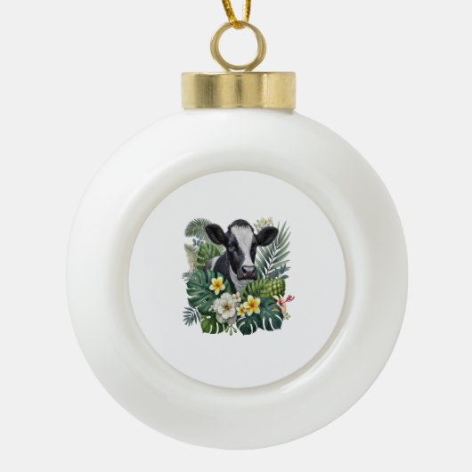 Koe in Floral Oerwoud, Tropische Koe Keramische Bal Ornament (Voorkant)