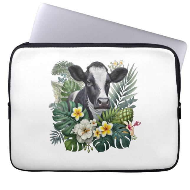Koe in Floral Oerwoud, Tropische Koe Laptop Sleeve (Voorkant)