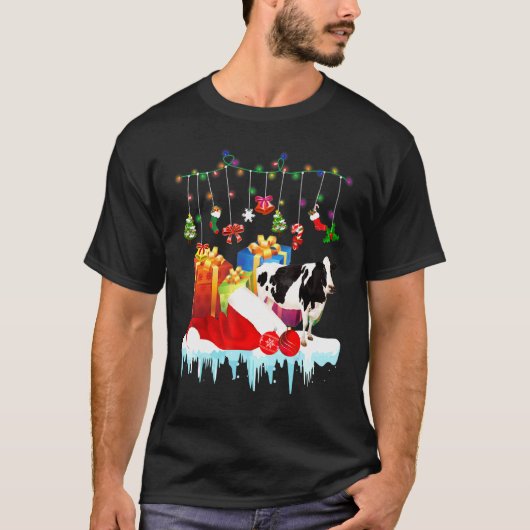 Koe in kerstmuts Kerstfeeënlichtcadeau T-shirt (Voorkant)