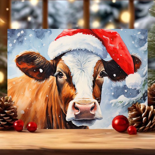 Koe in kerstmuts Leuke Kerst Feestdagen Kaart