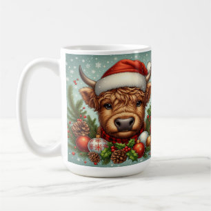 Koe in kerstmuts omringd door kerstversiering koffiemok