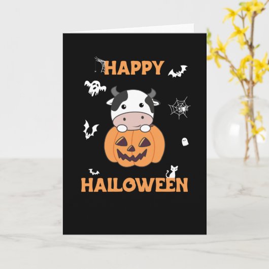 Koe in pomkin Cute Koeien Happy Halloween Kaart (Gele Bloem)