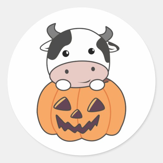 Koe in pompoen leuke Koeien Happy Halloween Classi Ronde Sticker (Voorkant)