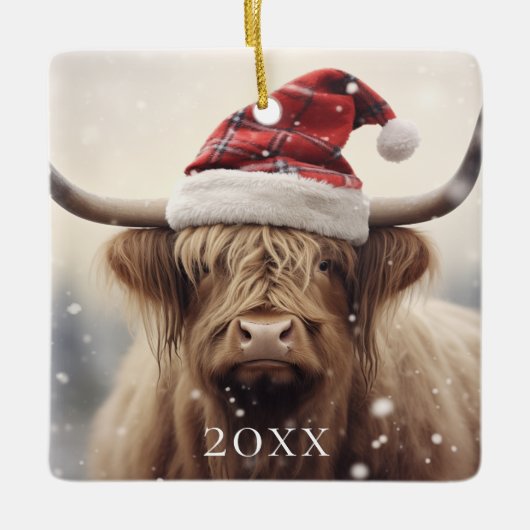 Koe in Santa Hat Gepersonaliseerde Kerstvakantie Keramisch Ornament (Voorkant)