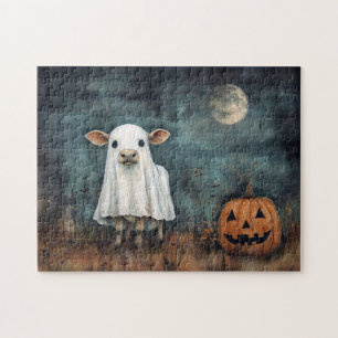 Koe in spookkostuum met pompoen en volle maan legpuzzel