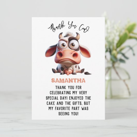 Koe karikaturen Ik ben een Cowgirl 1e verjaardag Bedankkaart (Staand voorkant)