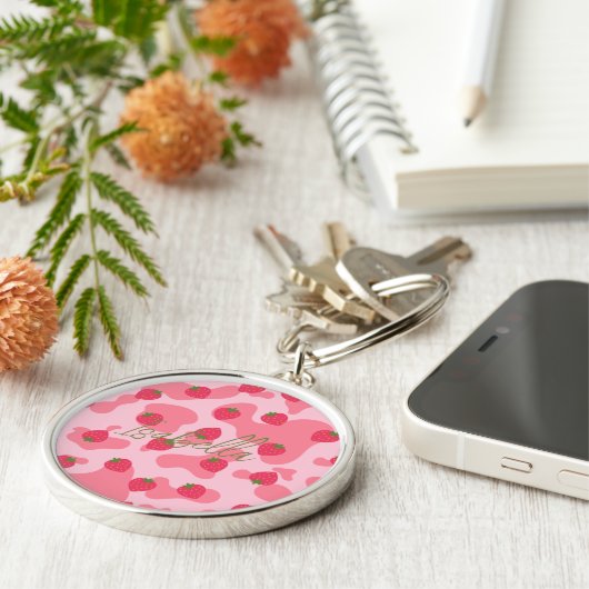 koe kawaii aardbei gepersonaliseerd sleutelhanger (Zijkant)