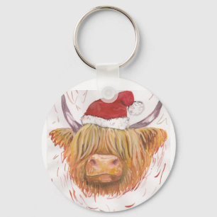 koe kerst met kerstPet Sleutelhanger