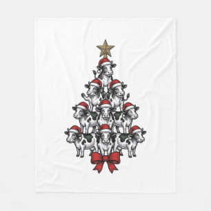 Koe Kerstboom Vintage Gravure Vakantie Boerderij  Fleece Deken